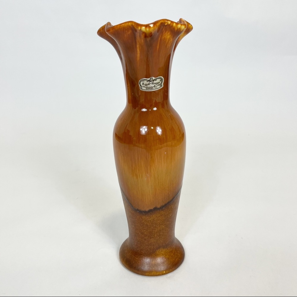 MCM Vintage Royal Haeger Pottery Vase Brown Gloss Drip Marked Stamped 10”